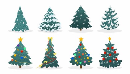 Decorated Christmas tree set isolated on white background. Cartoon New Year symbol vector illustration. Flat style Xmas pines icon with ornaments for greeting card, banner, invitation, web, print etc.