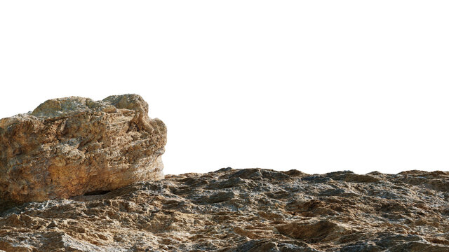 Rocky Ground With Boulder Isolated On White Background, Edge Of The Mountain