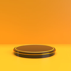 Sale Black  podium shelf or empty pedestal display on vivid yellow Black Friday background with minimal style. blank stand for showing product. 3d rendering. Premium Photo
