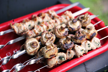 fried mushrooms, fried meat, barbecue
