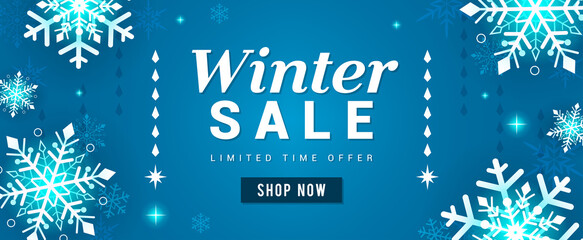 Winter Sale banner vector illustration. Glowing Snowflakes on blue background