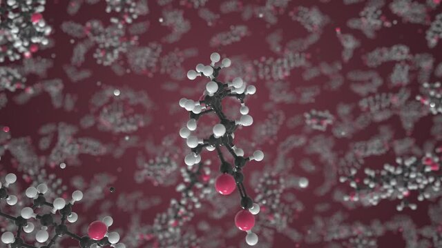 Oxymetholone molecule made with balls, scientific molecular model. Looping 3D animation or motion background