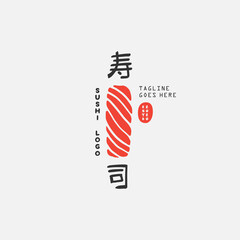 Sushi logo template. Japanese traditional cuisine, tasty food icon. japanese text translation "sushi". asian sushi bar vector logo.