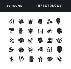 Infectology. Collection of perfectly simple monochrome icons for web design, app, and the most modern projects. Universal pack of classical signs for category Medicine.