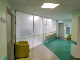 A bright corridor without people in a newly renovated hospital