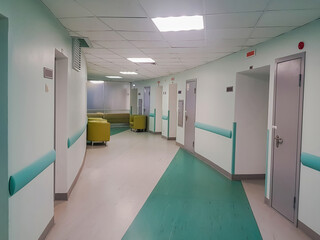 A bright corridor without people in a newly renovated hospital