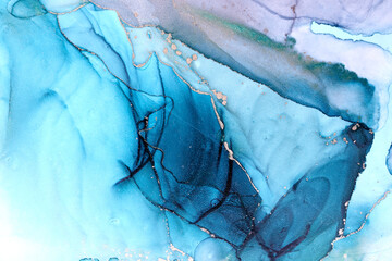 Luxury abstract background in alcohol ink technique, indigo blue gold liquid painting, scattered acrylic blobs and swirling stains, printed materials