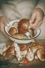 hands holding a plate of mushrooms