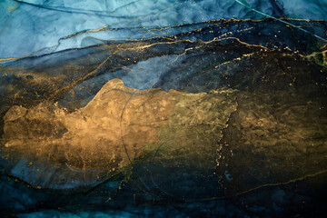 Luxury abstract background in alcohol ink technique, indigo blue gold liquid painting, scattered...