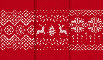 Christmas knit prints. Seamless pattern. Red knitted border. Sweater texture. Fair isle traditional geometric background. Holiday ornaments. Festive crochet. Wool pullover frame. Vector illustration