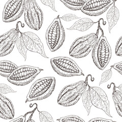Cocoa pattern. Organic healthy food background. Cocoa beans print. Hand drawn cacao branch with fruits. Great for textie, fabric, banner. Cocoa beans, leaves, seeds, cocoa texture. Superfood cacao.
