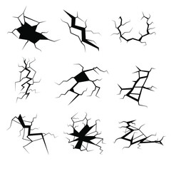 Set Black Collection Simple Line Cracked, Damaged, Hole, Earthquake, Destruction Doodle Outline Nature Element Vector Design Style Sketch Isolated Illustration