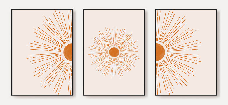 Line Art Boho Sun, Sunburst Mid Century Modern Art