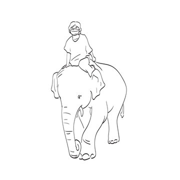 boy with medical mask riding on elephat back illustration vector isolated on white background line art.