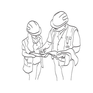 two construction workers with hard hat looking on blueprints illustration vector isolated on white background line art