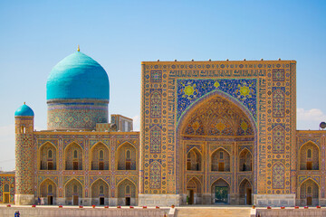 Beautiful facade of the Registan mosque building in Uzbekistan tourist city of Samarkand ancient Muslim buildings of the XV-XVII centuries