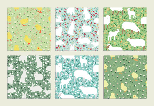 Set of seamless patterns with cute animals and flowers. Easter backgrounds with rabbits, sheep, chicks. For wrapping paper, scrapbooking, baby textile, print, fabric. Vector illustration.