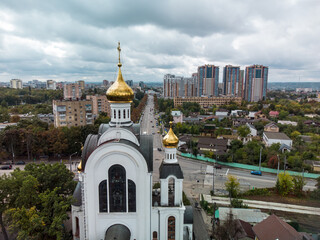 2000th Christmas Anniversary Cathedral aerial close view with dramatic clouds. Kharkiv city Pavlovo...