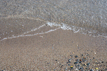 abstract background of sandy beach with sea and pebbles, Flat Lay