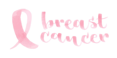 Breast cancer brush lettering. Pink marker pen hand drawn. Horizontal composition. Vector illustration, flat design