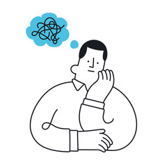 Man thinking about way to solve problems. Concept of difficult thinking, contemplations, figuring out, untangling, and problem-solving. Simple style with editable stroke.
