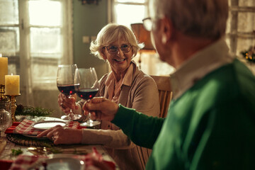 Senior couple celebrating Christmas with wine