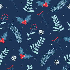 Christmas seamless pattern with snowflake, berries, mistletoe and fir branch. Winter background vector illustration