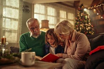 Grandparents and little boy reading book and enjoying Christmas at home