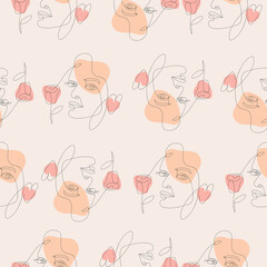 Line art fashion seamless pattern. Drawing woman faces with various shapes vector illustration on beige background