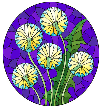 recommend clip art: Stained glass illustration with abstract dandelion flowers on a blue background, oval  image