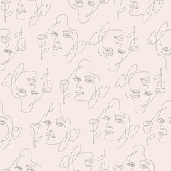 Line art fashion seamless pattern. Drawing faces vector illustration on beige background