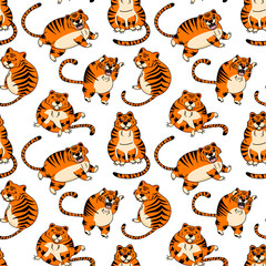Vector pattern with cute happy tigers, wild animal, tiger in cartoon style. Illustration for posters, postcards, T-shirts, fabrics.
