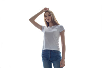 Beautiful young woman in white t-shirt. Mock-up.