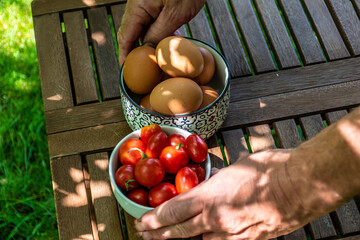 person holding a bowl of tomatoes and eggs in the summer