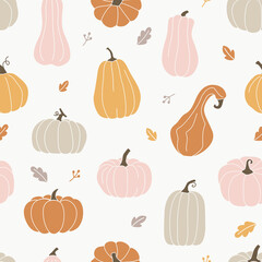 Seamless pattern with colorful pumpkins. Cute hand drawn autumn pattern. - 464110245