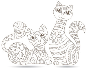 Set of stained glass contour elements with rainbow cats , isolated outline images on white background