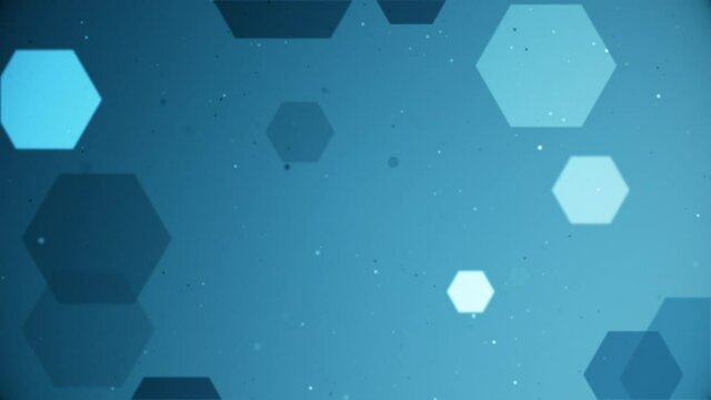 Blue science and technology motion background animation with fast moving geometric hexagon shapes and sphere particles.
