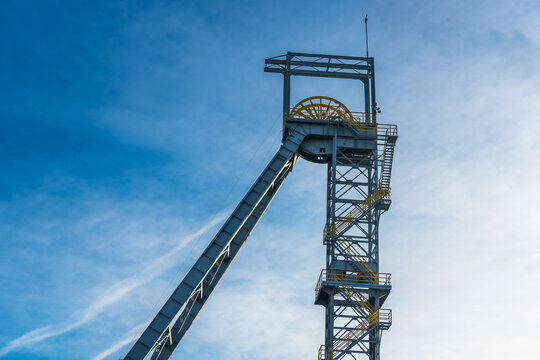 Mine shaft tower "Krystyn" in former coal mine "Michal" in Siemianowice, Silesia, Poland. Blue sky in the background.
