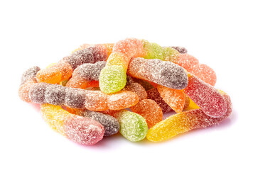 Heap of colorful jelly worms isolated on white background	