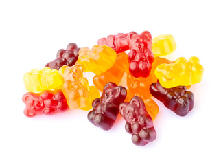 Heap of colorful jelly bears isolated on white background