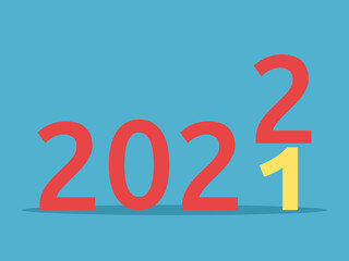New red 2022 year changing 2021 number on blue background. Holiday, time, beginning and celebration concept. Flat design. Vector illustration. EPS 8, no transparency