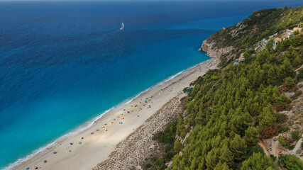 Fototapeta na wymiar Aerial drone photo of paradise secluded sandy beach of Milos in island of Lefkada, Ionian, Greece