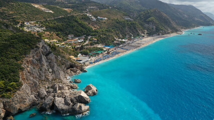 Aerial drone photo of organised paradise beach of Kathisma, Lefkada island, Ionian, Greece