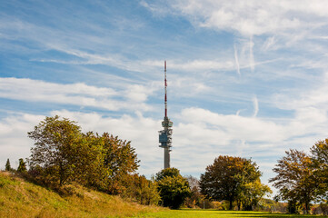 Fototapeta premium St. Chrischona, Bettingen, Riehen, Basel, Kirche, Fernsehturm, Wanderweg, Landwirtschaft, Obstbäume, Herbst, Herbstsonne, Schweiz