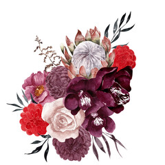 Watercolor Fall illustration. Autumn bouquet with flowers, leaves and berries, isolated on white background