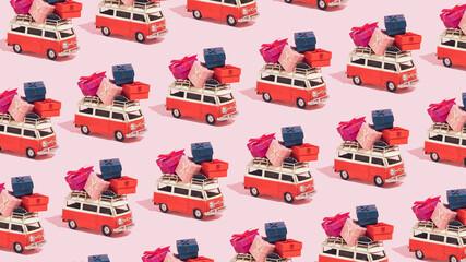 A pattern made of red vans and gifts on a pastel pink background. Minimal New Year and delivery concept. Christmas time inspiration.