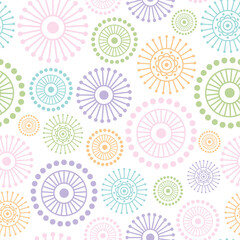 Colorful pastel summer seamless vector surface pattern. Abstract, circle, floral burst design. Fun, light, rainbow mandala summer repeat print. Great for textile, packaging, backgrounds and textures. 