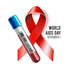 HIV test tube with blood and red ribbon as a symbol of World AIDS Day.