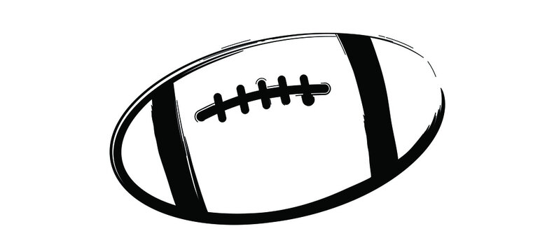 Flat vector black grunge rugby ball. American football, cartoon drawing rugby ball icon. Sport team sport game cup. For school or work team sports. Ball pictogram or logo.