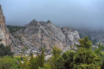 Fototapeta premium Stony slopes of mountain in dense fog.